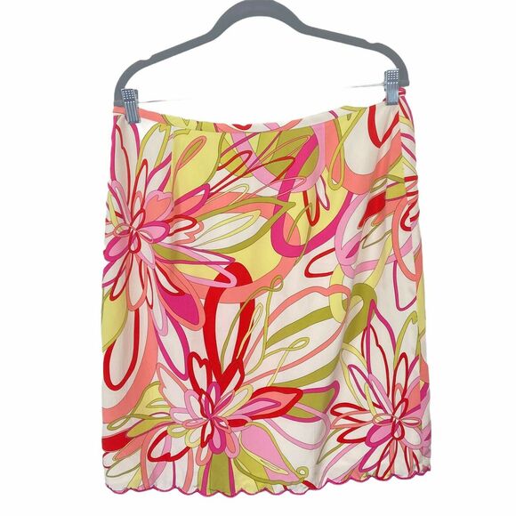 Silk Pencil Skirt Grace Elements Mod Floral sz 14 Pink Green Bold Lettuce Hem - Picture 2 of 14